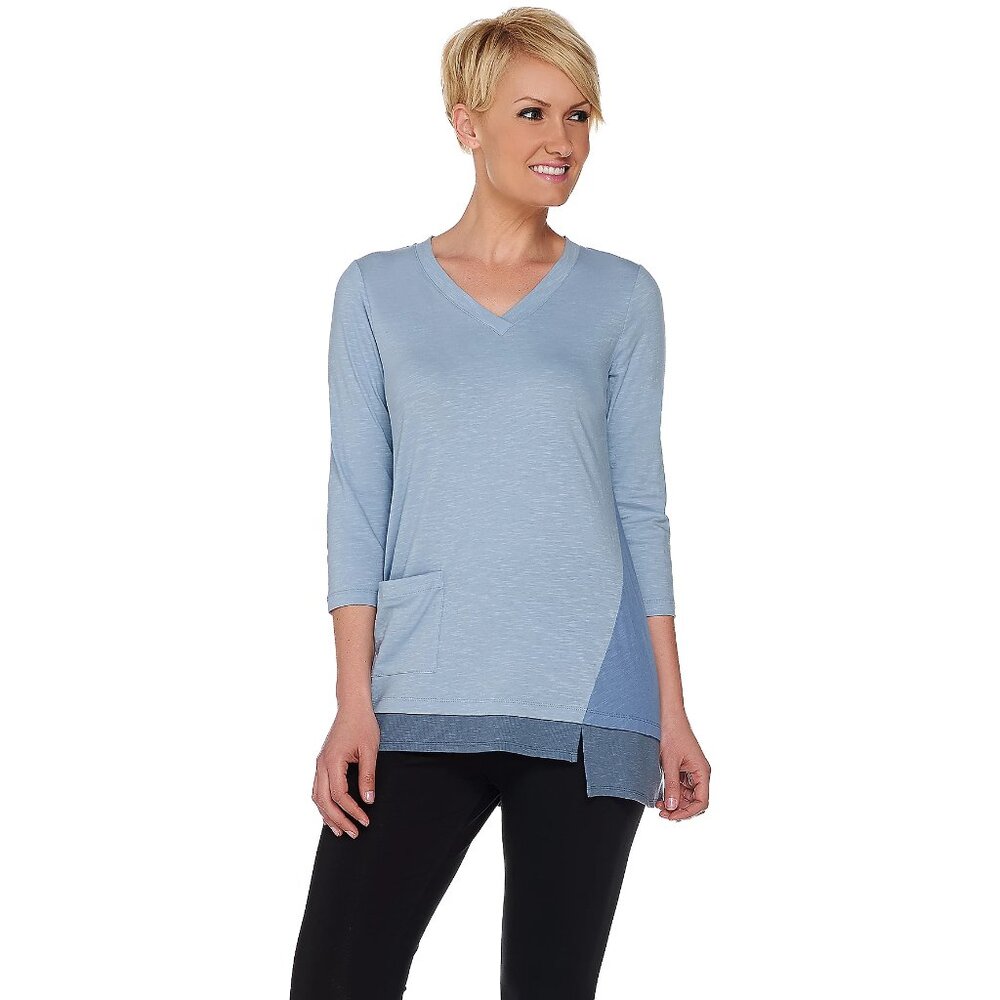 LOGO by Lori Goldstein Top Tunic 3/4 Sleeves Lagenlook Blue Colorblock Plus 2X